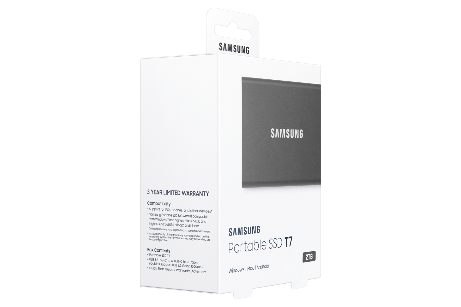 외장 SSD T7 USB 3.2 Gen 2 2 TB (타이탄 그레이) 제품 패키지 우측으로 돌린 이미지