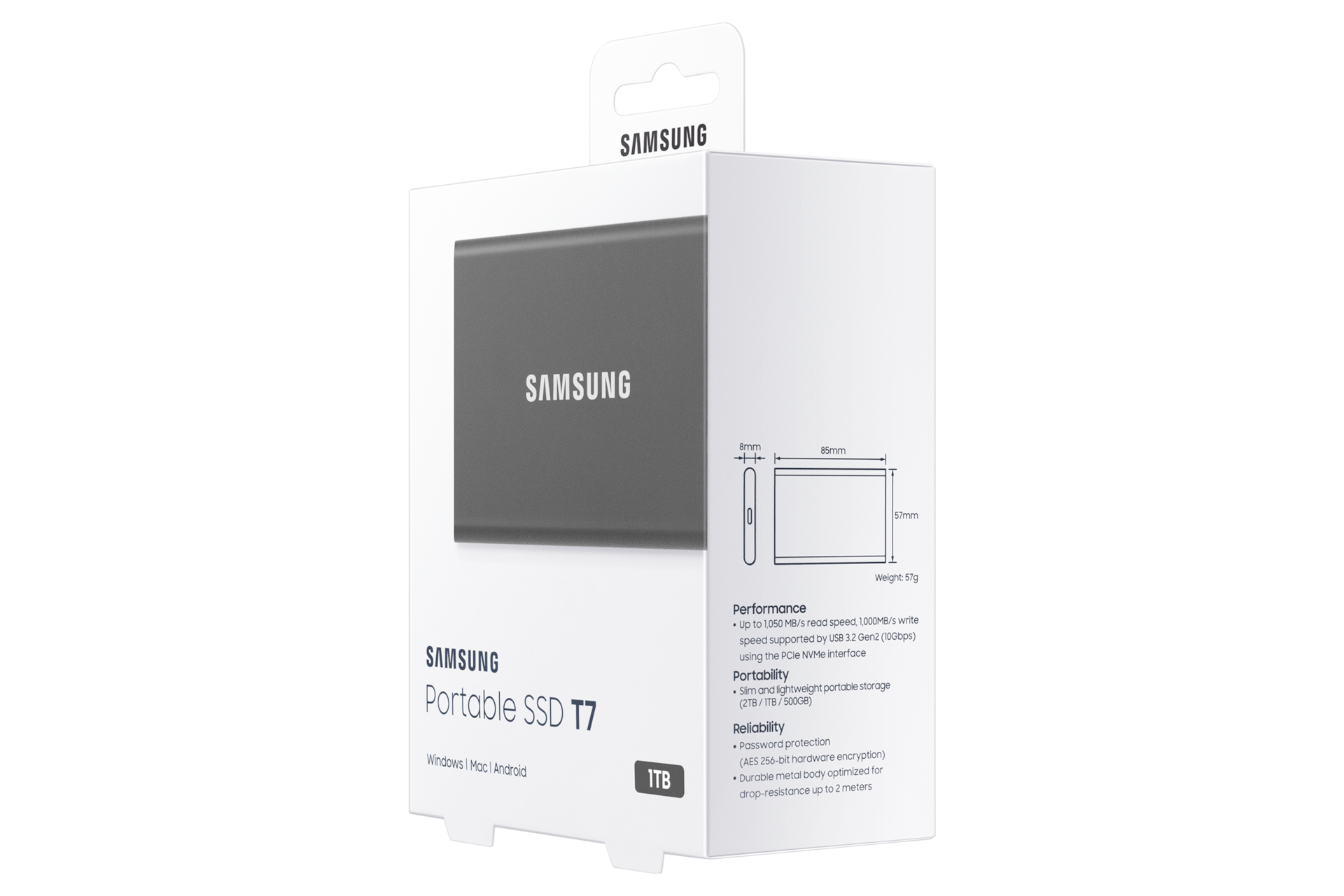 외장 SSD T7 USB 3.2 Gen 2 1 TB (타이탄 그레이) 제품 패키지 좌측으로 돌린 이미지