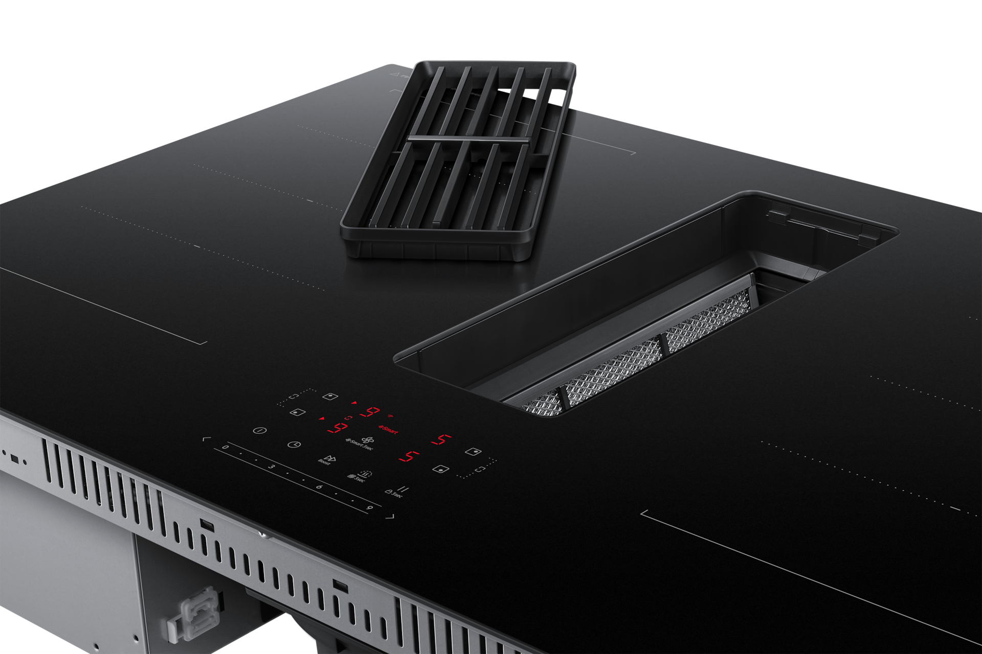 Infinite Line 후드일체형 인덕션 블랙 후드 그릴이 열려있는 후드 부분 확대