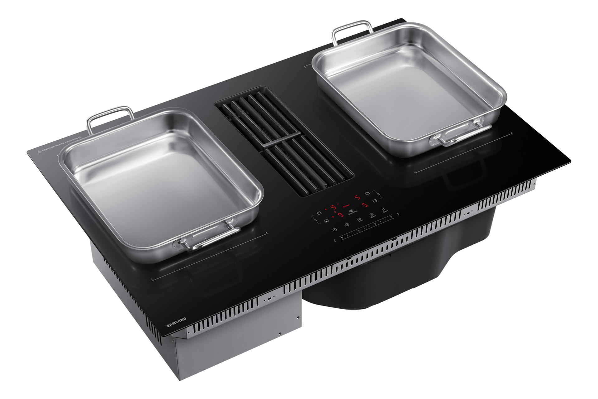 Infinite Line 후드일체형 인덕션 블랙 양쪽 플렉스존 화구에 사각 냄비가 올라가 있는 왼쪽 상단