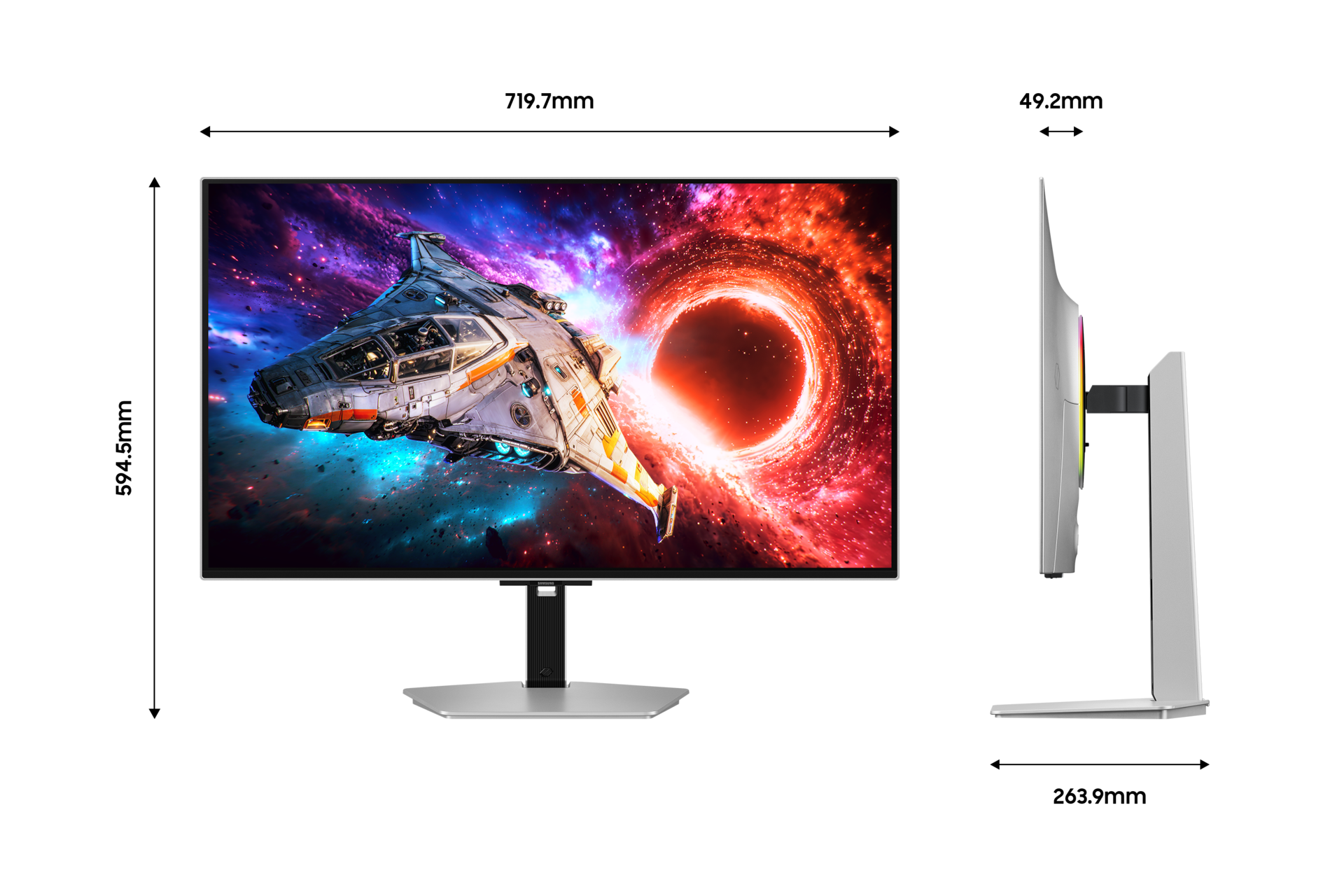 오디세이 OLED G8 G80SH 4K 240Hz (LS32HG802S) 정면 및 정측면 가로 세로 높이 폭 사이즈