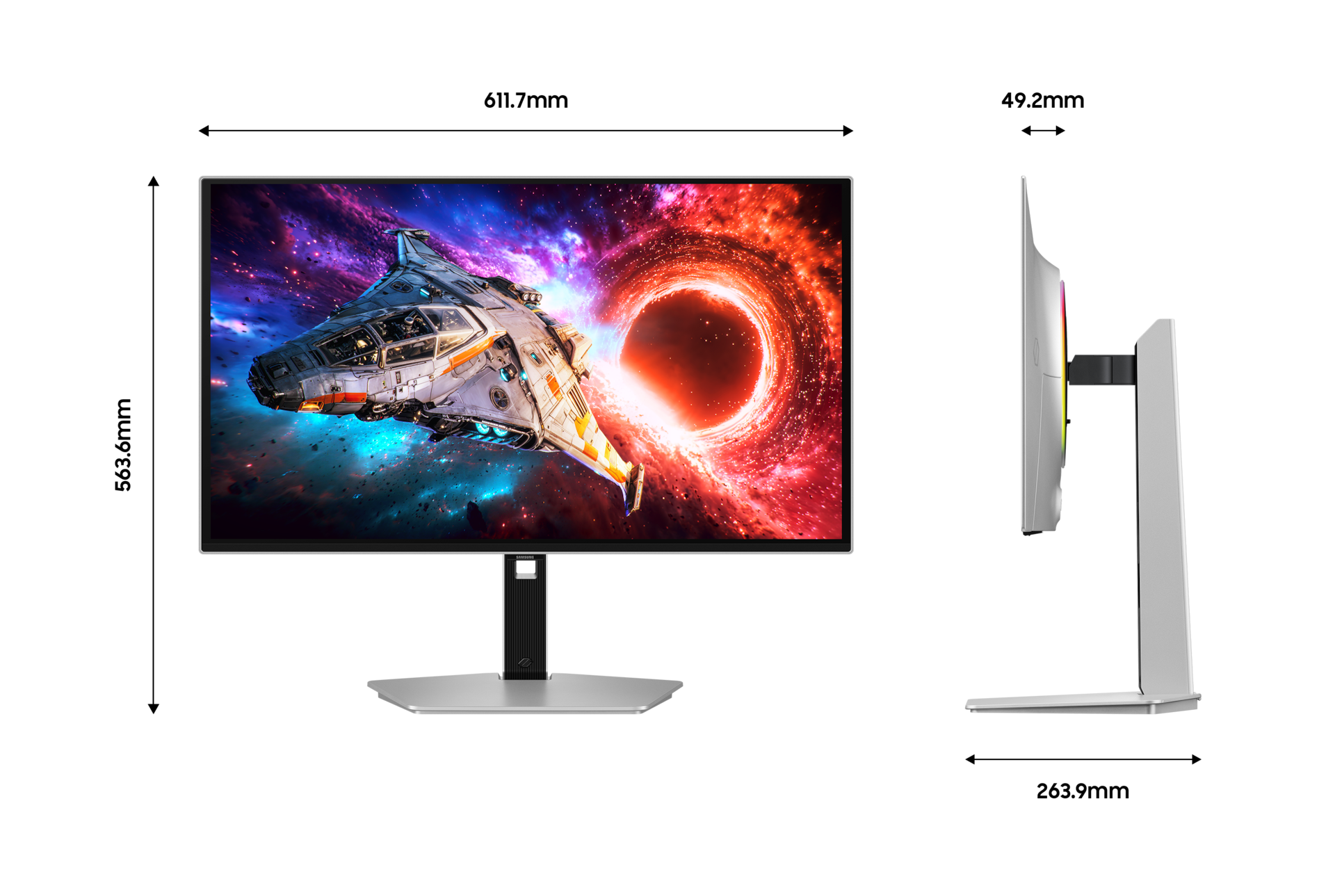 오디세이 OLED G8 G80SH 4K 240Hz (LS27HG802S) 정면 및 정측면과 모니터 가로 세로 및 폭 길이