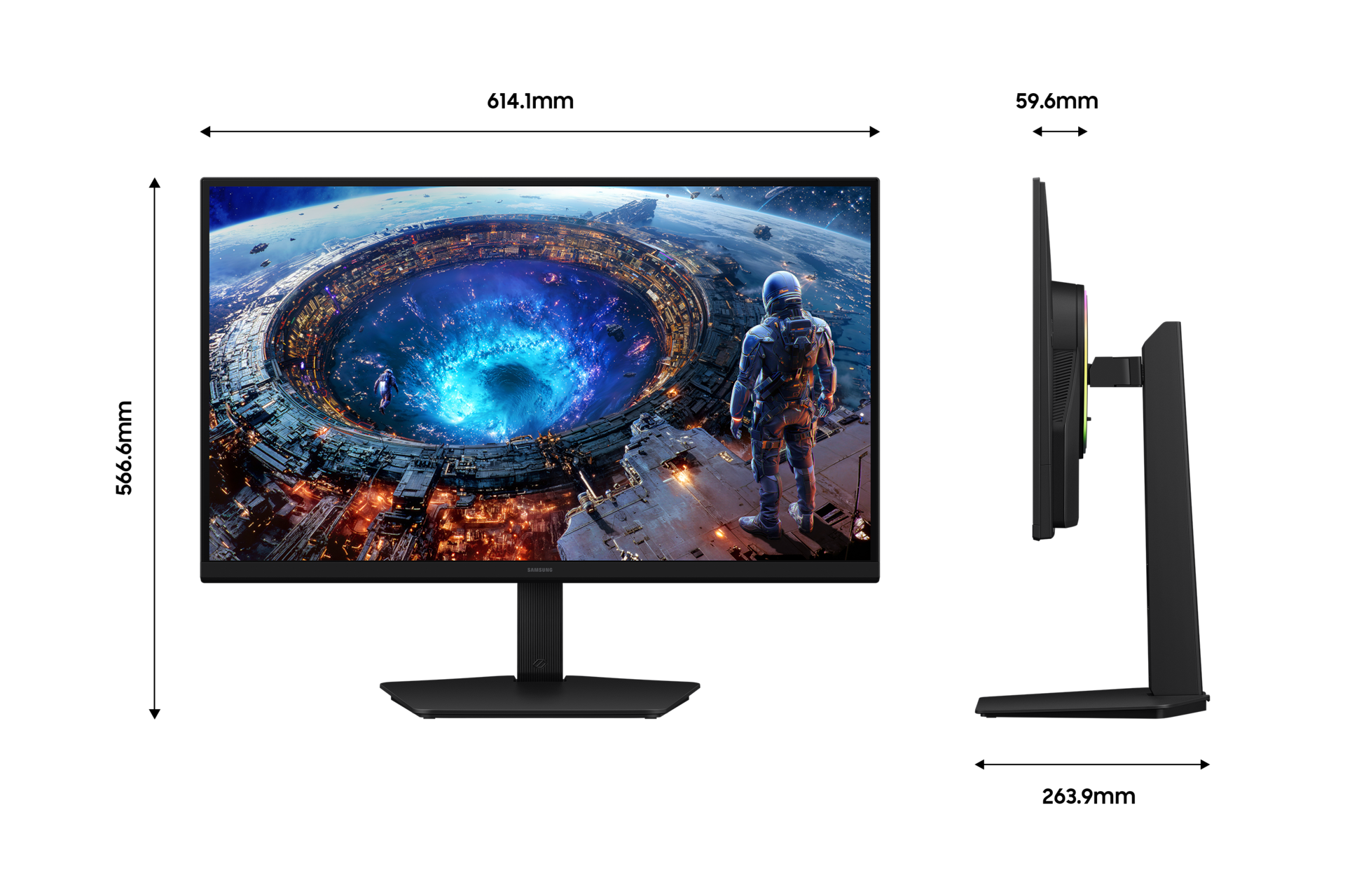 오디세이 G8 G80HF 5K 180Hz (LS27HG806) 정면 및 측면 가로 세로 높이 폭 사이즈 정보