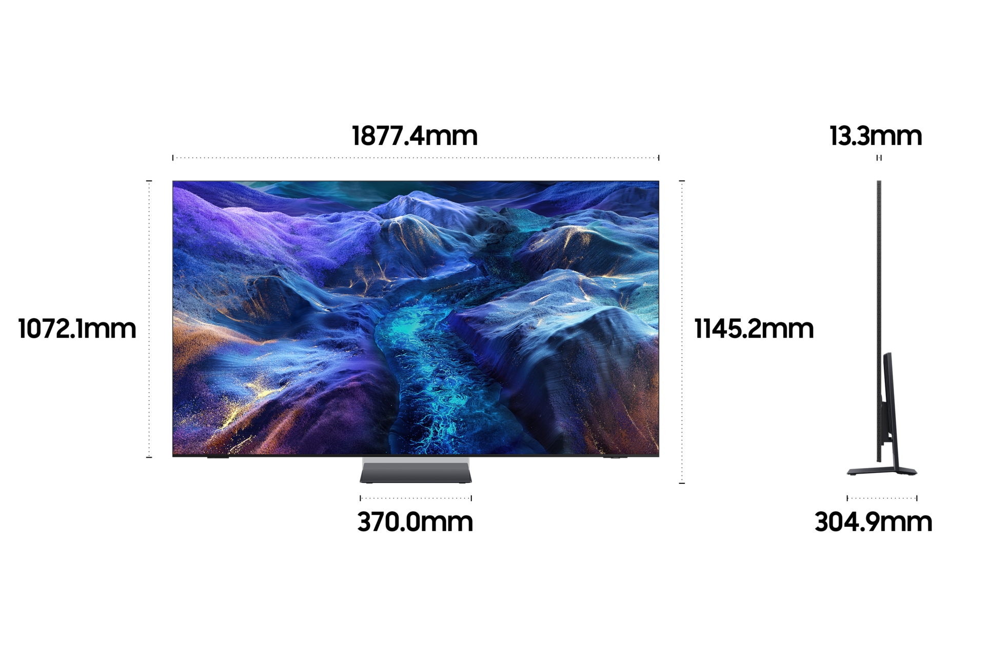 2026 Neo QLED 8K QNH990 (214cm) 스탠드형 상세사이즈가 기재된 디멘션 컷