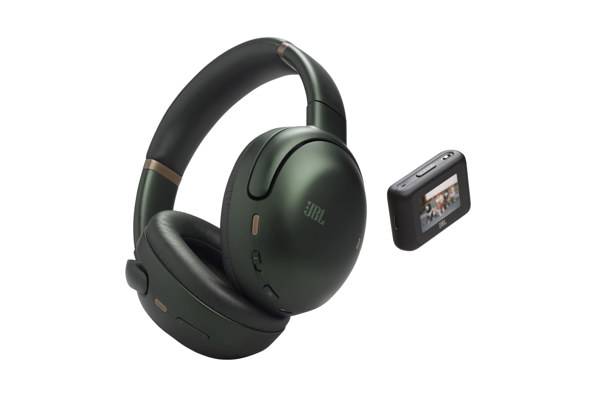 JBL TOUR ONE M3 Smart Tx 노이즈 캔슬링 오버이어 헤드폰 그린 하단 측면뷰+Smart Tx 좌측면
