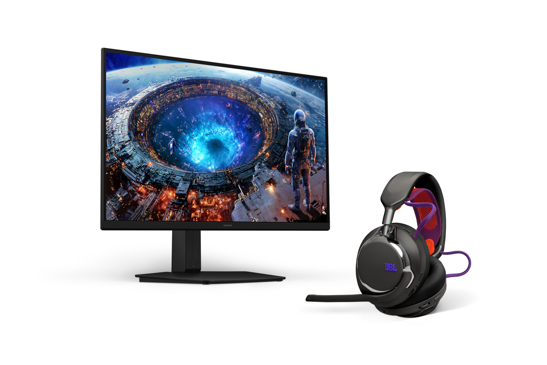 오디세이 G8 G80HS 5K+JBL QUANTUM 950 무선 게이밍 헤드셋 모니터 우측 30도 및 헤드셋 측면