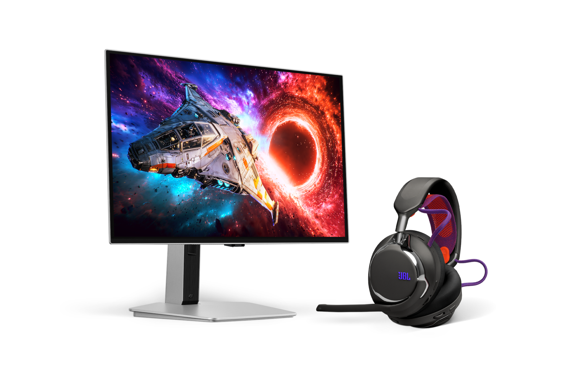 오디세이 OLED G8 G80SH+JBL QUANTUM 950 무선 게이밍 헤드셋 모니터 우측 30도 및 헤드셋 측면