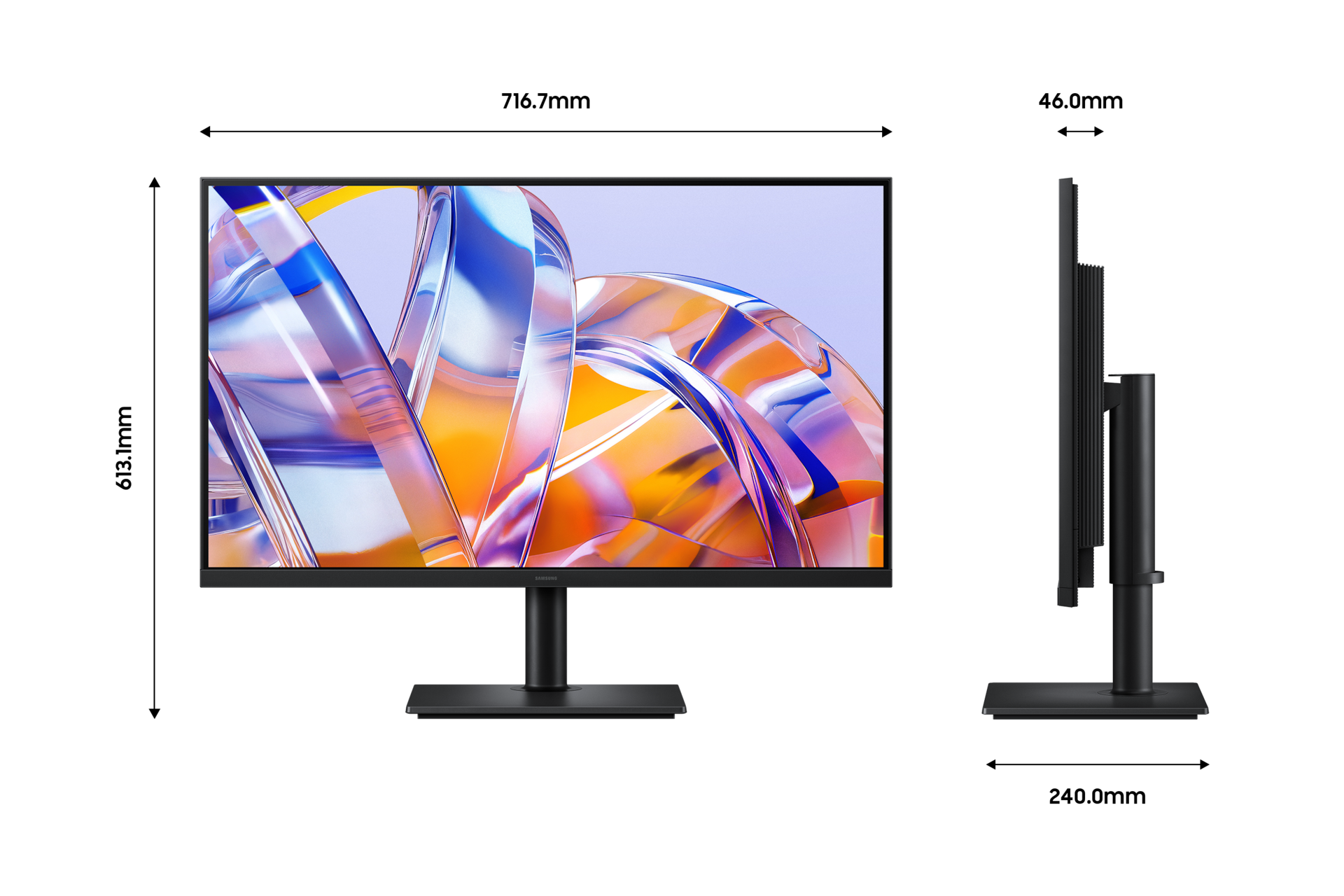 뷰피니티 S8 S80UH 4K USB-C (LS32H802U) 가로 세로 높이 폭 길이 정보와 모니터 정면 및 정측면