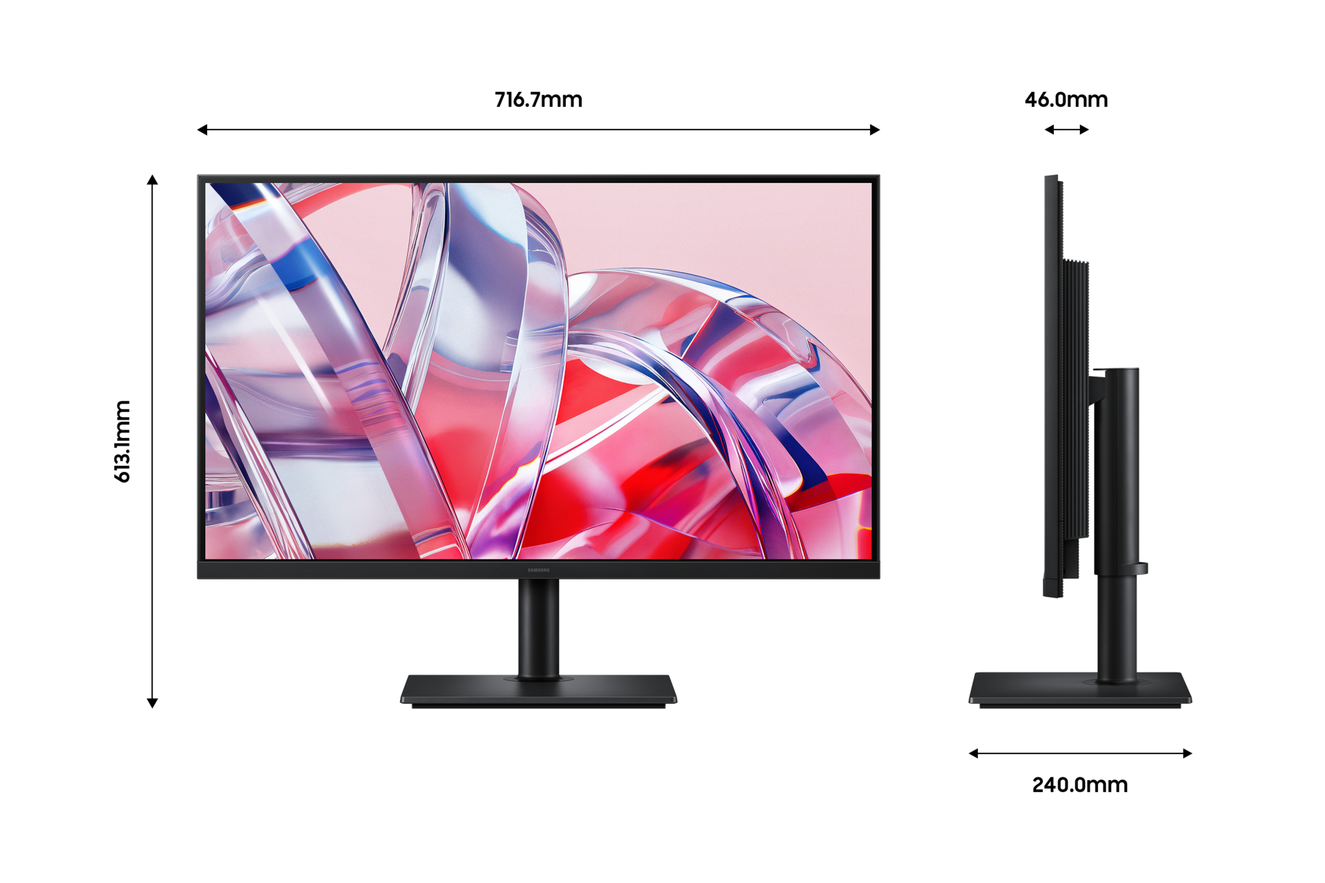 뷰피니티 S8 S80H 4K (LS32H804) 정면 및 정측면 이미지와 가로 세로 높이 폭 길이 정보