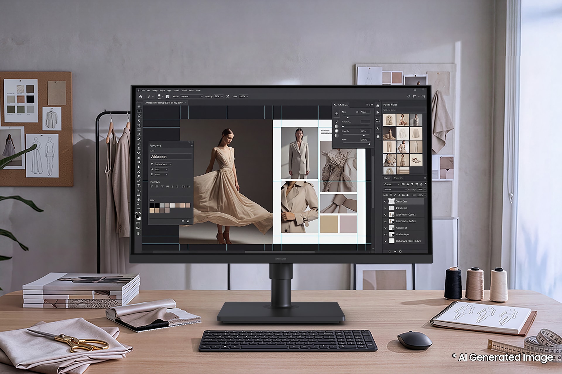 뷰피니티 S8 S80UH 4K USB-C (LS32H802U) 어도비 포토샵 프로그램으로 디자인 작업을 하는 모습