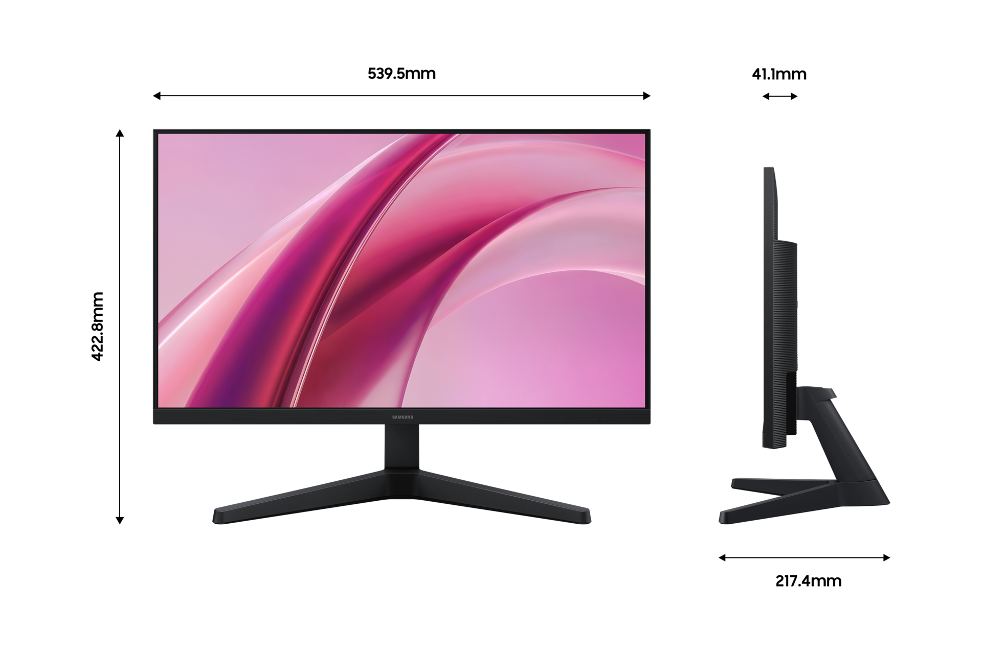 에센셜 모니터 G3 G31H FHD 144Hz (LS24HG314) 정면 및 정측면 모니터 가로 세로 높이 폭 길이 정보