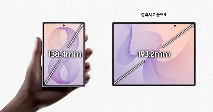 한 손으로 갤럭시 Z 폴드8 라벤더 모델을 들고 있으며, 138.4mm 커버스크린이 보입니다. 그 옆으로 또 다른 갤럭시 Z 폴드8 라벤더 제품이 펼쳐져 있고 193.2mm의 메인 스크린이 보이는 모습