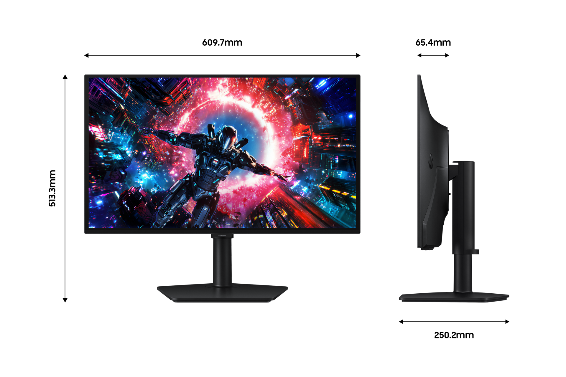 오디세이 OLED G7 G70SH 4K 165Hz (LS27HG702S) 정면 및 측면 이미지와 가로 세로 높이 폭 길이 정보