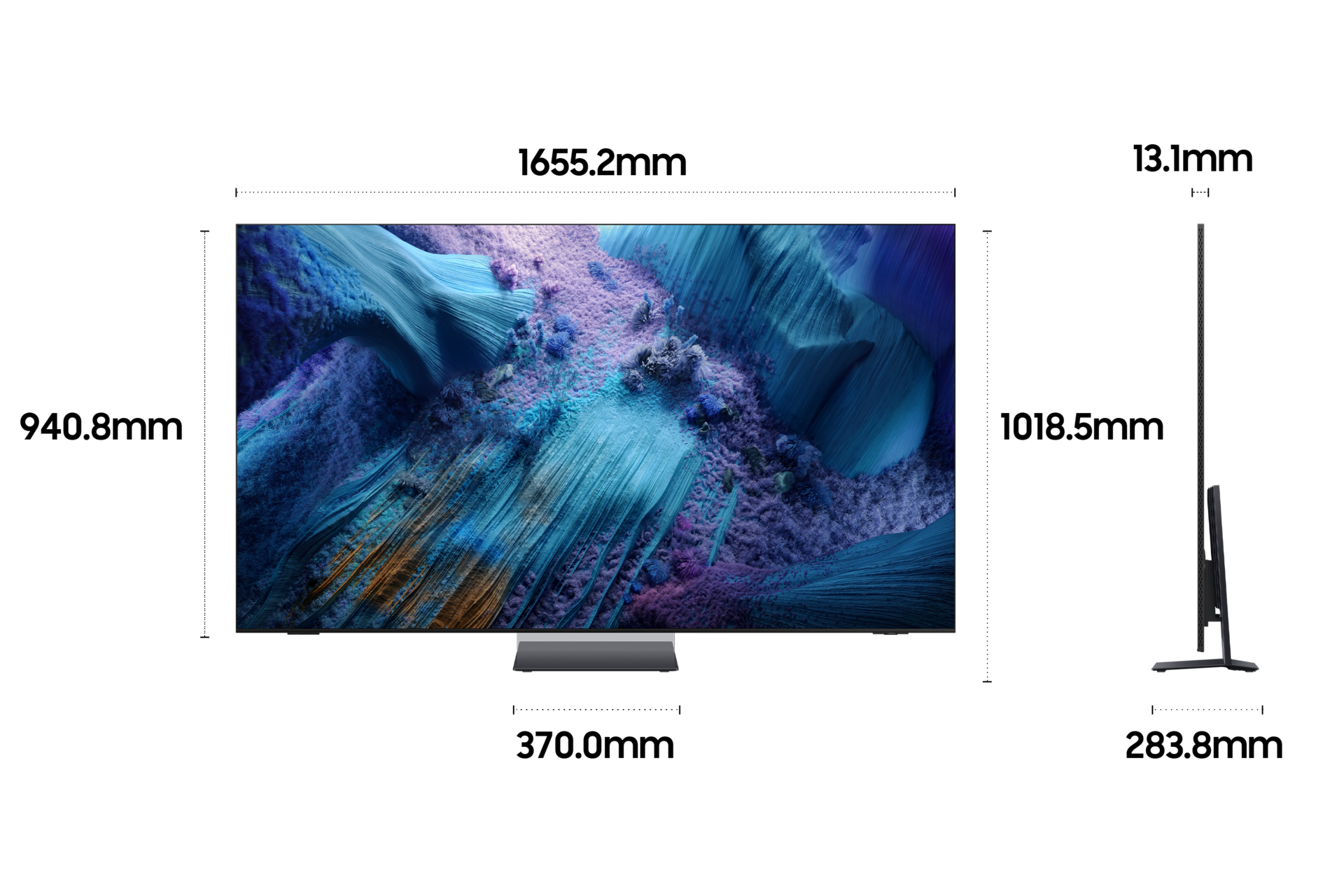 2025 Neo QLED 8K QNF990 (189cm) (솔라셀 리모트 미포함) 두번째 이미지이며, TV의 상세사이즈가 기재되어 있습니다. 