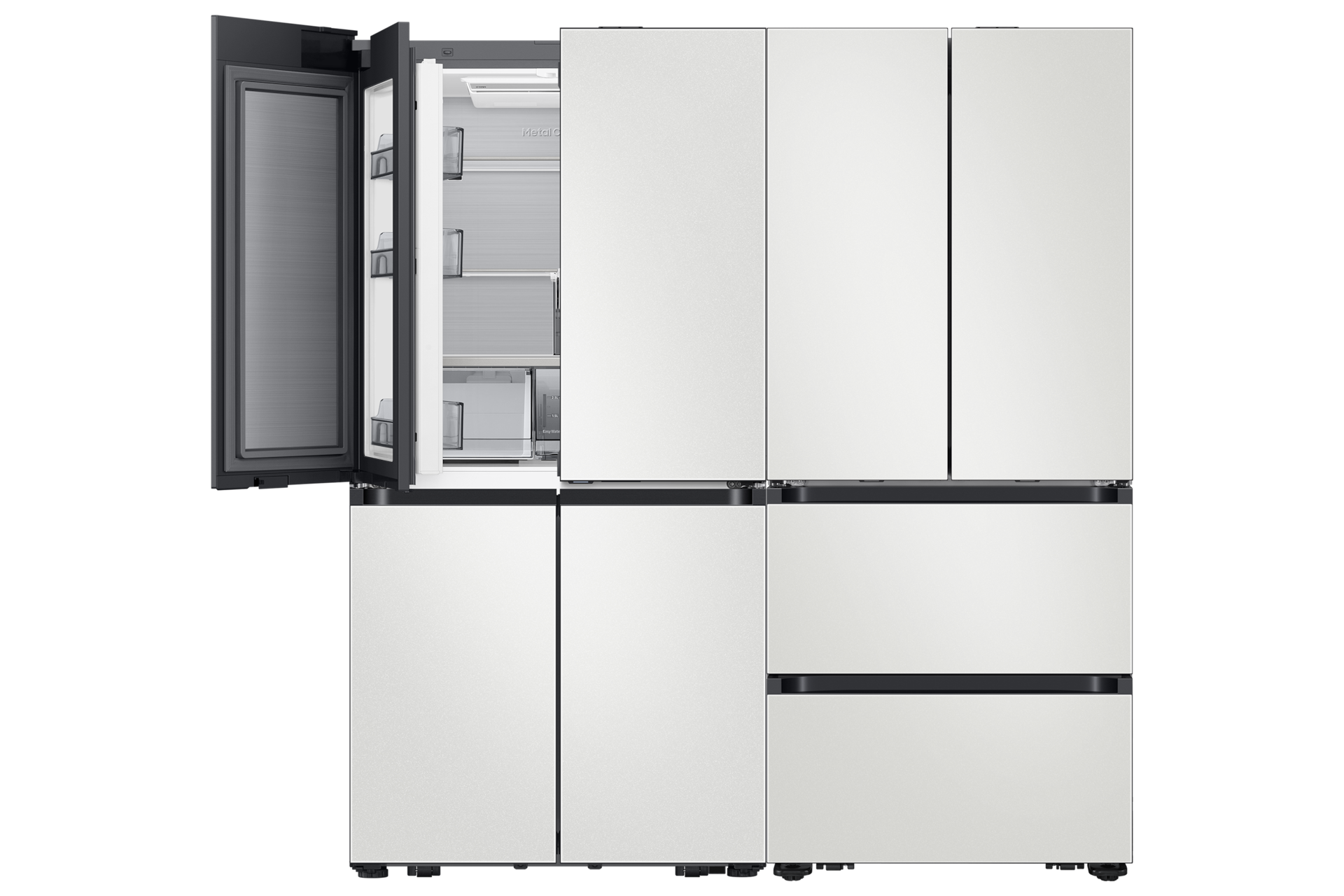 Bespoke AI 하이브리드 4도어 키친핏 Max+김치플러스 4도어 키친핏 Max 611/418L 코타 화이트 냉장고 쇼케이스 오픈 정면+김치플러스 우측면