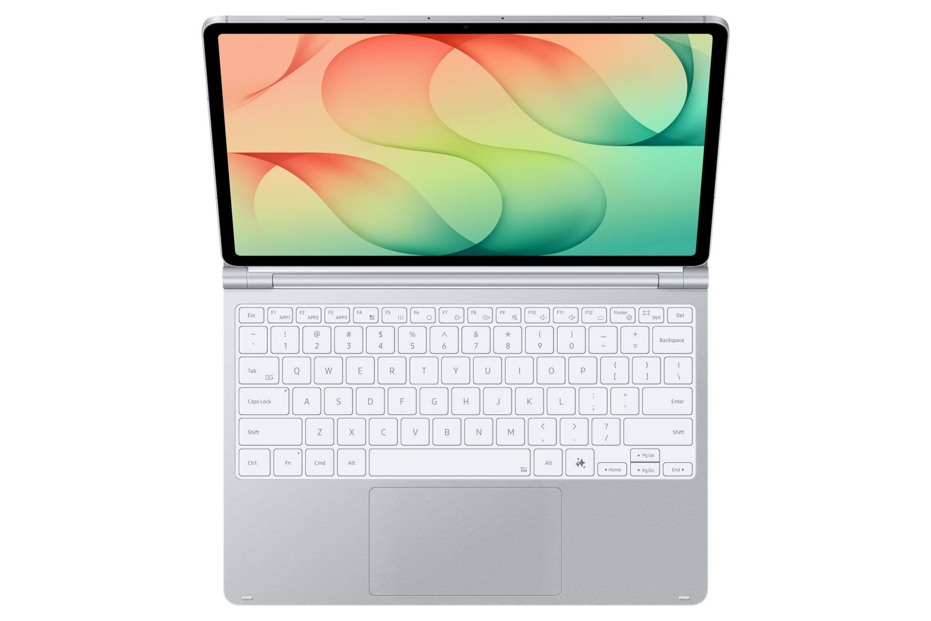 프로 키보드 (갤럭시 탭 S12+ 전용) 실버 갤럭시 탭을 체결한 위에서 내려다 본 이미지