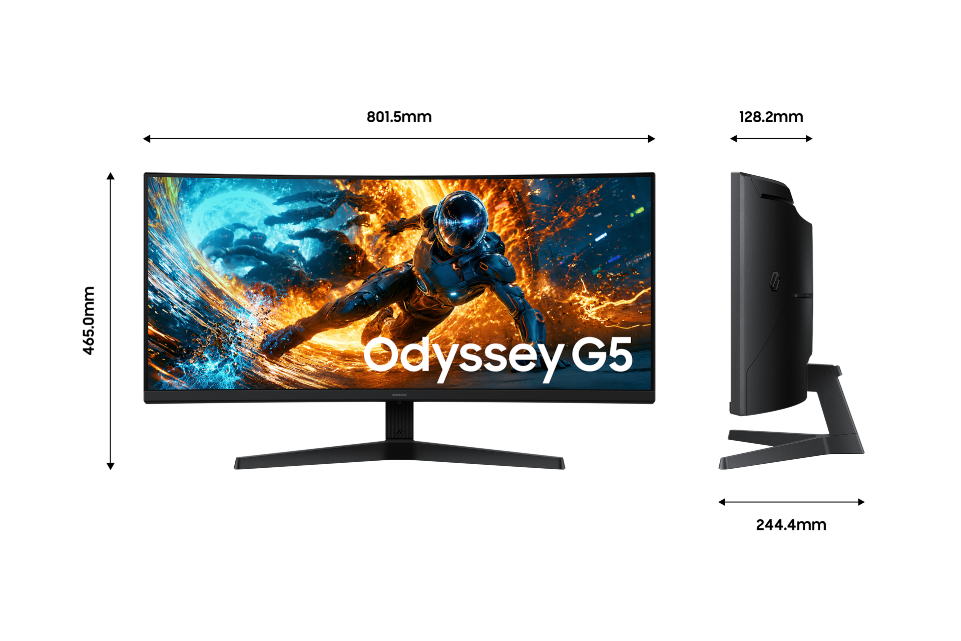 오디세이 G5 G55H UWQHD 180Hz (LS34HG552) 정면 및 측면과 가로 세로 높이 폭 길이 정보