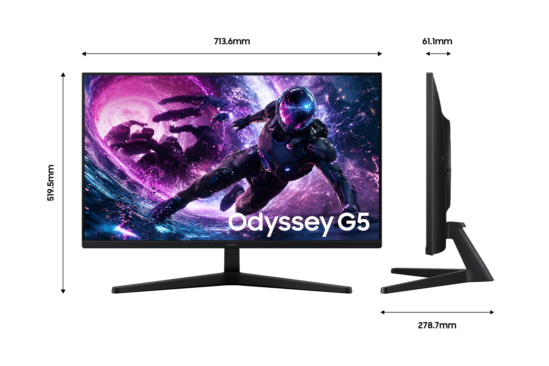 오디세이 G5 G53H QHD 200Hz (LS32HG532) 정면 및 측면 이미지와 가로 세로 높이 폭 길이 정보