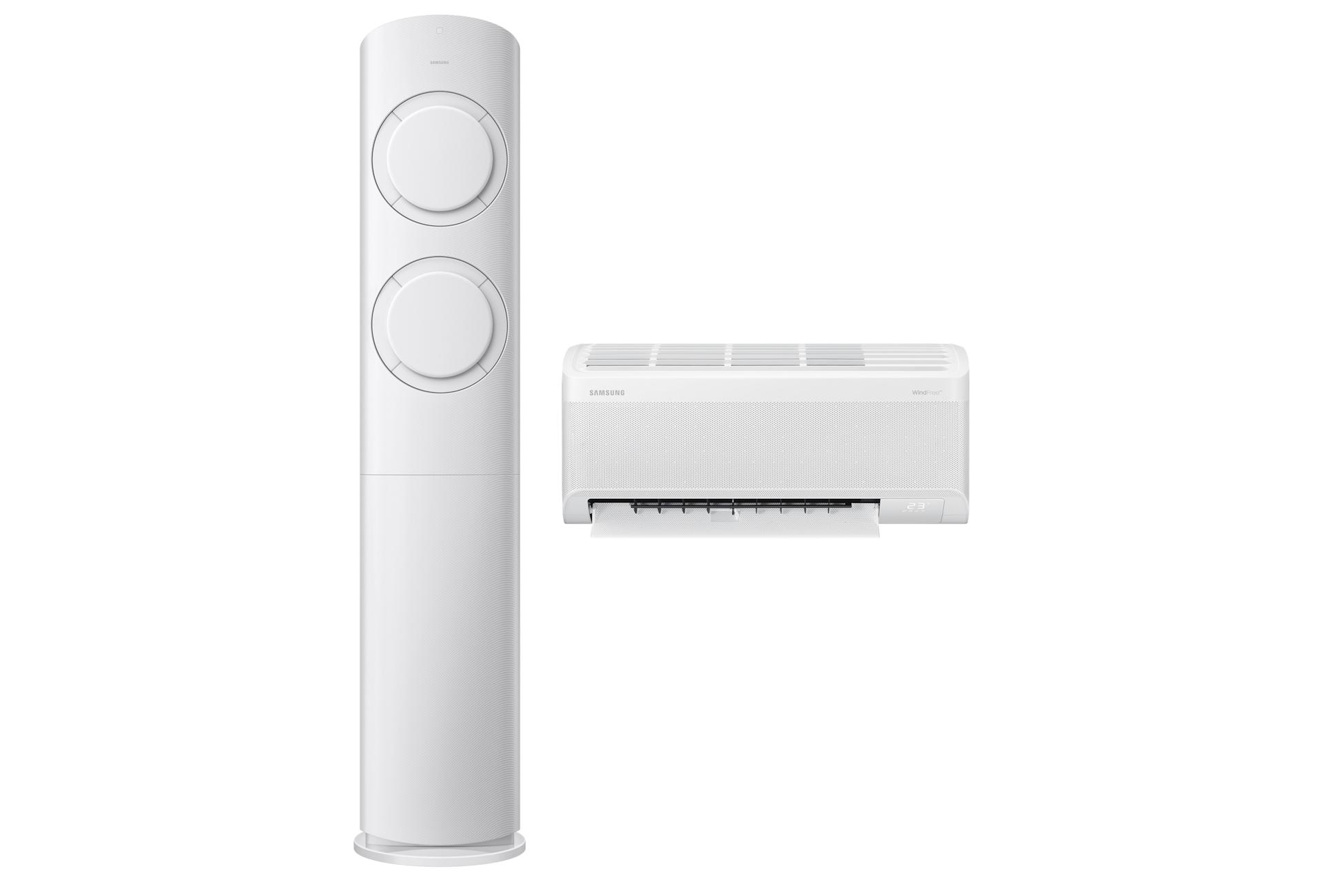 AI Q9000 56.9/18.7㎡ (리모컨 포함) 바디 화이트 / 바람문 화이트 좌측 스탠드 에어컨 정면 컷 우측 벽걸이 에어컨 정면 컷