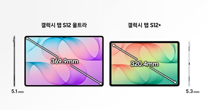 측면에서 본 그레이 색상의 갤럭시 탭 S12 울트라와 가로 모드의 그레이 색상 갤럭시 탭 S12 울트라. 갤럭시 탭 S12 울트라는 369.9mm 디스플레이와 5.1mm의 두께를 갖추고 있음. 가로 모드의 실버 색상 갤럭시 탭 S12+와 측면에서 본 실버 색상 갤럭시 탭 S12+. 갤럭시 탭 S12+는 320.4mm 디스플레이와 5.3mm의 두께를 갖추고 있음