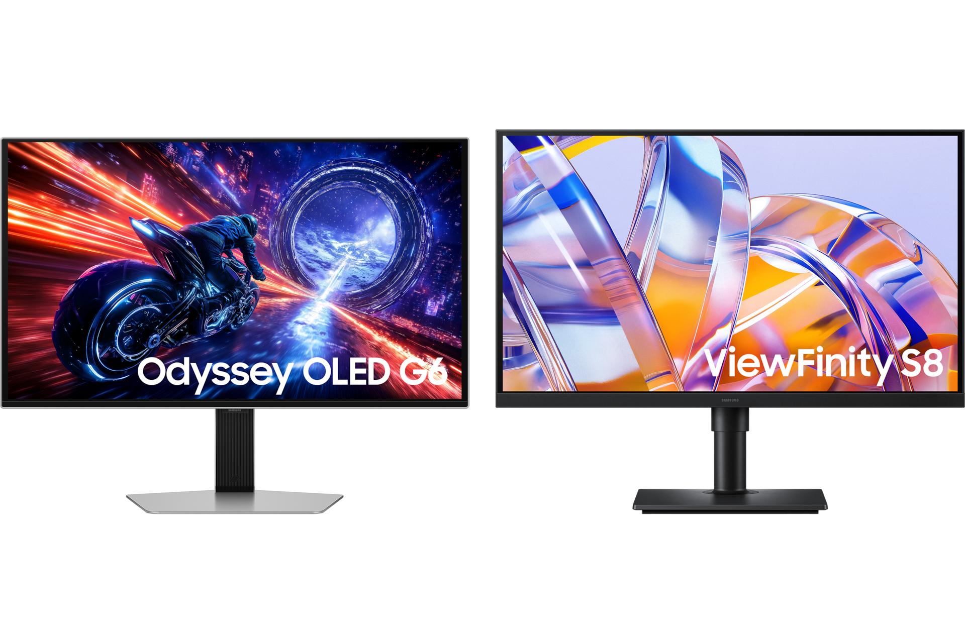 QHD 오디세이 OLED G6 500Hz 정면 및 뷰피니티 S8 S80UH 4K USB-C (LS27H802U) 정면