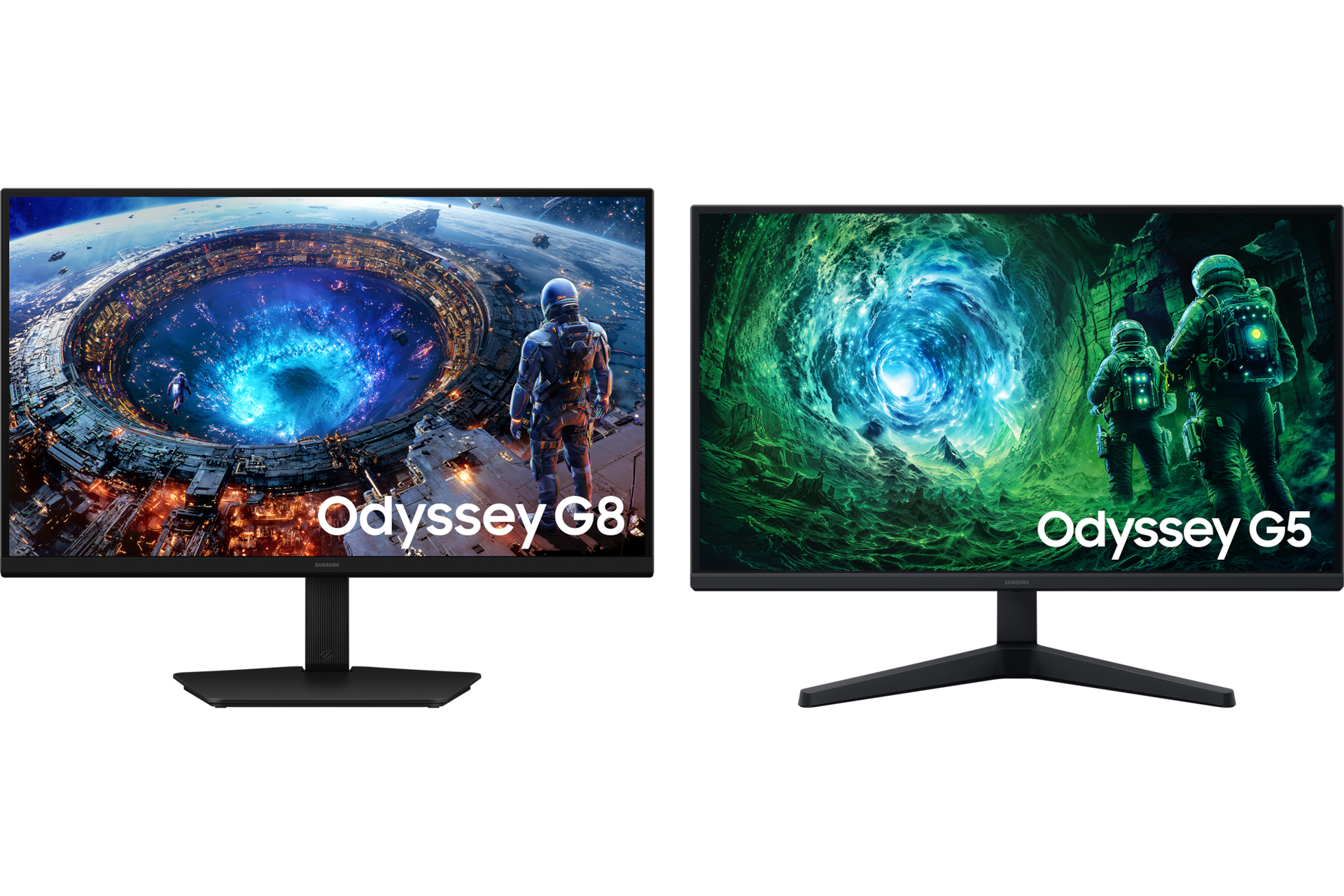 QHD 오디세이 G5 200Hz (LS27FG530) 정면 및 오디세이 G8 G80HF 5K 180Hz (LS27HG806) 정면