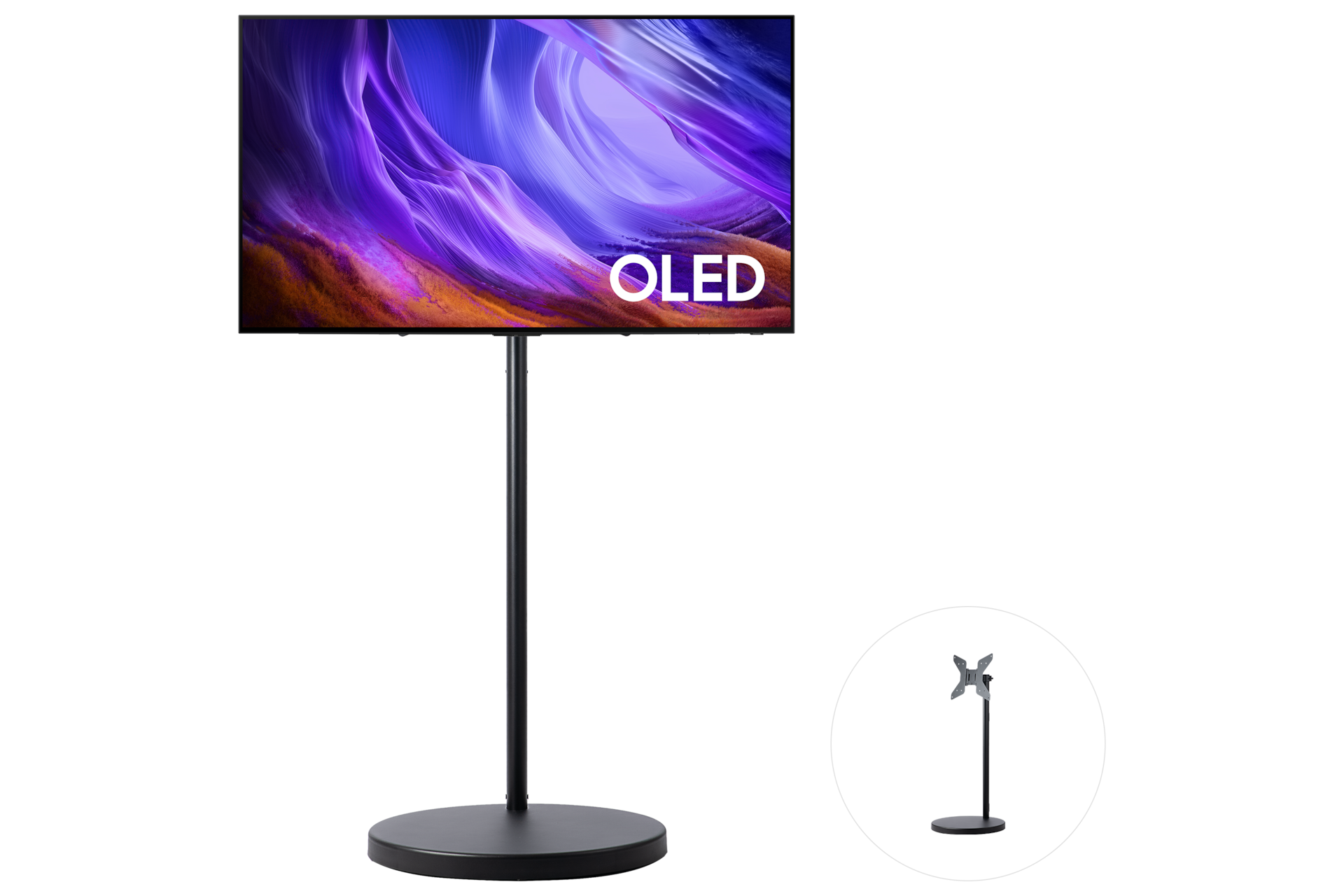 2026 OLED SH85 (120cm) TV가 장착된 무빙스탠드 라이트 블랙 색상 정면. 우측 하단 원 안에 무빙스탠드 라이트 블랙 색상 단품 우측 45도 컷이 있습니다.
