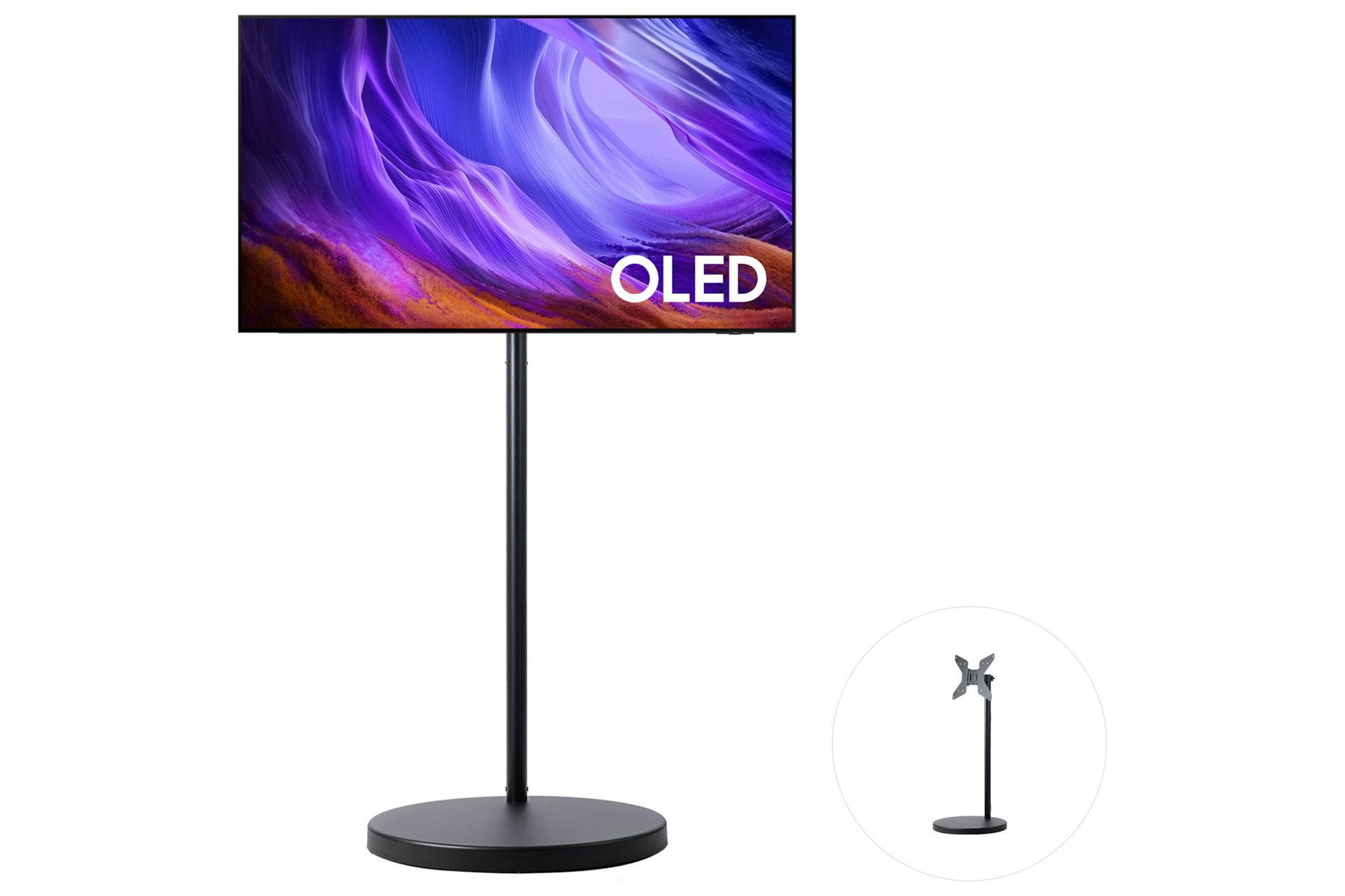 2026 OLED SH85 (138cm) TV가 장착된 무빙스탠드 라이트 블랙 색상 정면. 우측 하단 원 안에 무빙스탠드 라이트 블랙 색상 단품 우측 45도 컷이 있습니다.