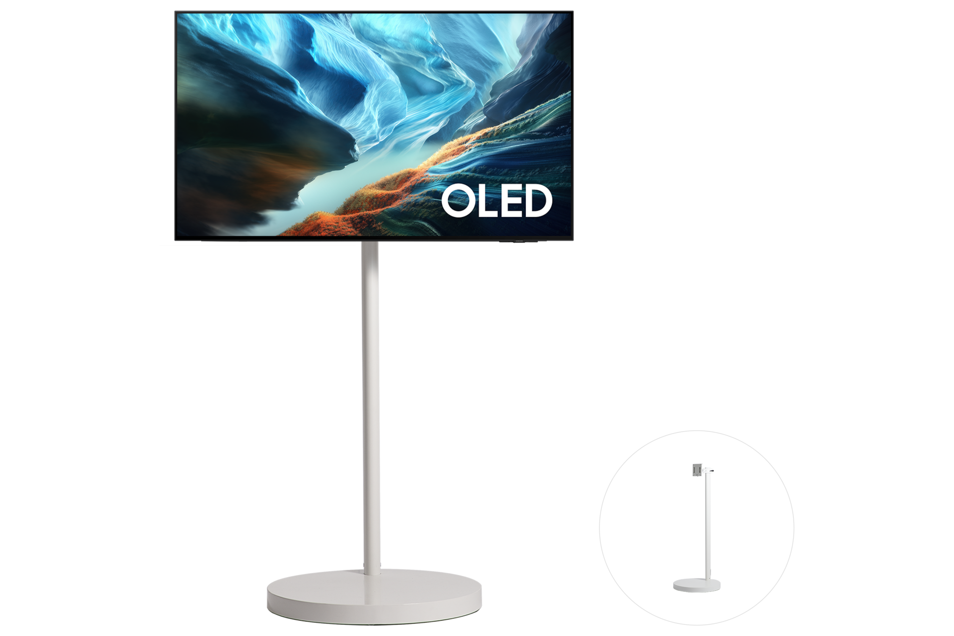2026 OLED SH90 (105cm) TV가 장착된 무빙스탠드 라이트 화이트 색상 정면. 우측 하단 원 안에 무빙스탠드 라이트 화이트 색상 단품 우측 45도 컷이 있습니다.