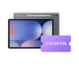 탭 S10+ 제품컷과 보라색 COUPON 아이콘
