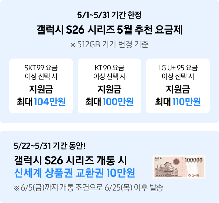 5/1~5/31 기간 한정 갤럭시 s26 시리즈 5월 추천 요금제 ※ 512GB 기기 변경 기준 SKT 99 요금 이상 선택 시 지원금 최대 104만원 KT 90 요금 이상 선택시 지원금 최대 100만원 LG U+ 95 요금 이상 선택 시 지원금 최대 110만원 5/22~5/31 기간 동안 갤럭시 S26 시리즈 개통 시 신세계 상품권 교환권 10만원 6/5까지 개통 조건으로 6/25 이후 발송