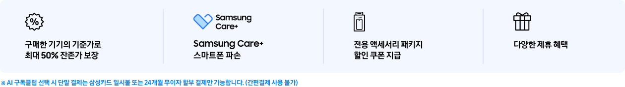 순서대로 % 아이콘과 구매한 기기의 기준가로 최대 50% 잔존가 보상, 삼성케어플러스 아이콘과 Samsung Care+ 스마트폰 파손, 케이스 아이콘과 전용 액세서리 패키지 할인 쿠폰 지급, 선물상자 아이콘과 다양한 제휴 혜택이라고 써있는