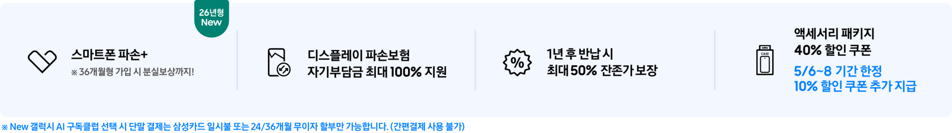 (스마트폰 파손+ 아이콘) 스마트폰 파손+ ※ 36개월형 가입 시 분실보상까지! 텍스트와 26년형 New 태그가 붙어있는 모습, (디스플레이 파손 보험 아이콘) 디스플레이 파손보험 자기부담금 최대 100% 지원 (퍼센트 아이콘) 1년 후 반납 시 최대 50% 잔존가 보장 (휴대폰이 패키지 안에 들어가있는 아이콘) 액세서리 패키지 40% 할인 쿠폰 5/6~8 기간 한정 10% 할인 쿠폰 추가 지급 ※ 단말 결제는 삼성카드 일시불 또는 24/36개