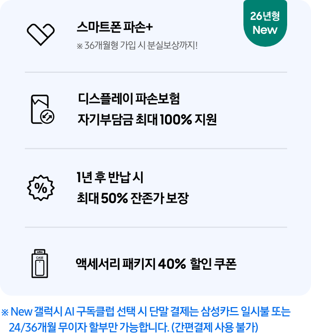 (스마트폰 파손+ 아이콘) 스마트폰 파손+ ※ 36개월형 가입 시 분실보상까지! 텍스트와 26년형 New 태그가 붙어있는 모습, (디스플레이 파손 보험 아이콘) 디스플레이 파손보험 자기부담금 최대 100% 지원 (퍼센트 아이콘) 1년 후 반납 시 최대 50% 잔존가 보장 (휴대폰이 패키지 안에 들어가있는 아이콘) 액세서리 패키지 40% 할인 쿠폰 5/6~8 기간 한정 10% 할인 쿠폰 추가 지급 ※ 단말 결제는 삼성카드 일시불 또는 24/36개