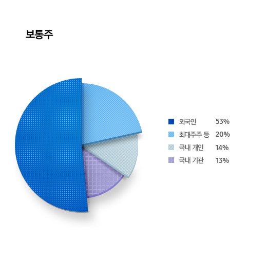 주주 구성현황 보통주 외국인 53% 최대주주 등 20% 국내 기관 13% 국내 개인 14%