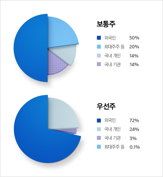 주주 구성현황 보통주 외국인 50% 최대주주 등 20% 국내 기관 14% 국내 개인 14%, 주주 구성현황 우선주 외국인 72% 국내 개인 24% 국내 기관 3% 최대주주 등 0.1%