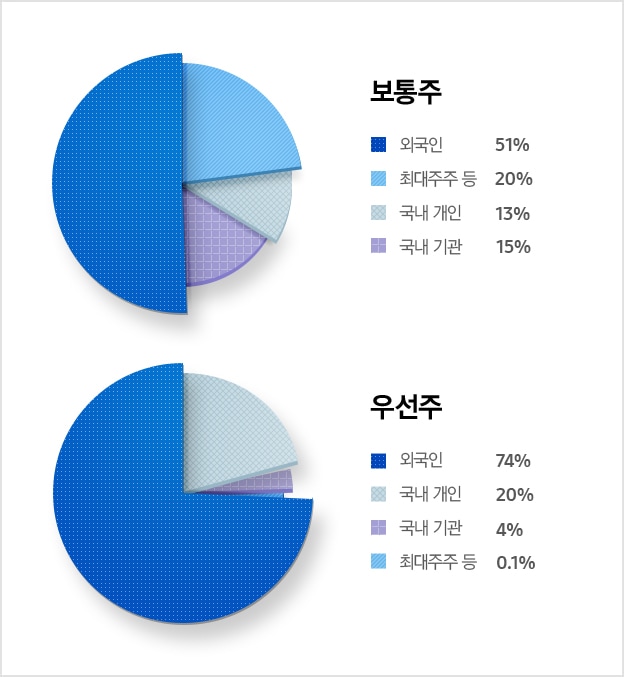 [주주 구성현황 보통주 외국인 51% 최대주주 등 20% 국내 기관 15% 국내 개인 13%, 주주 구성현황 우선주 외국인 74% 국내 개인 20% 국내 기관 4% 최대주주 등 0.1%]