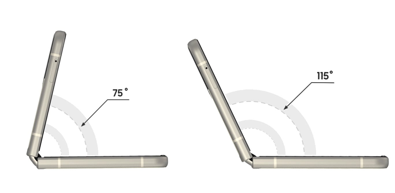좌,우측 폴더블 폰이 다른 각도로 펼쳐져있다. 좌측은 75도, 우측은 115도 각도가 표기되어 있다.