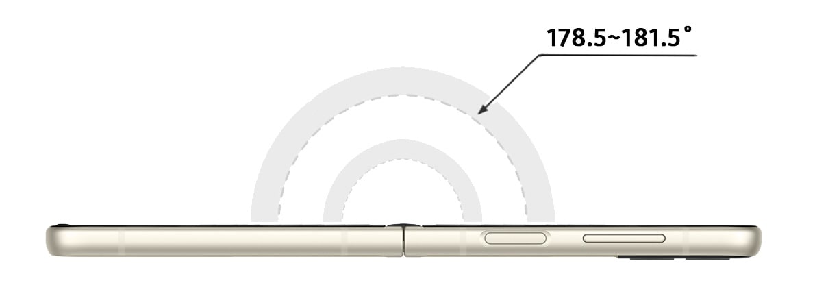 폴더블 폰이 최대 각도로 펼쳐져 있다. 178.5도 ~ 181.5도 각도가 표기되어 있다.
