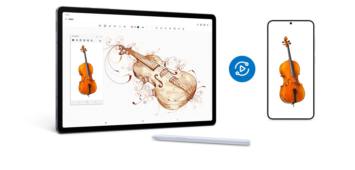 Galaxy S10 Prism White에 있는 바이올린 사진이 Samsung Flow의 Smart View 기능을 사용하여 Galaxy Book과 공유되는 모습. Galaxy Book 화면에 S Pen으로 그린 바이올린의 스케치가 표시됩니다. 바이올린 스케치의 왼쪽에 스마트폰에서 공유한 실제 바이올린의 사진이 플로팅 윈도우에 표시되어 있습니다.