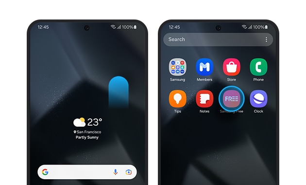 나란히 놓여진 두 개의 갤럭시 스마트폰 화면으로 Samsung Free를 실행하는 방법을 안내합니다. 첫 번째 화면에 홈 화면이 있고, 위쪽으로 스와이프합니다. 두 번째 화면은 앱 목록이 열린 화면으로 Samsung Free 앱이 컬러 박스로 강조되어 있습니다.