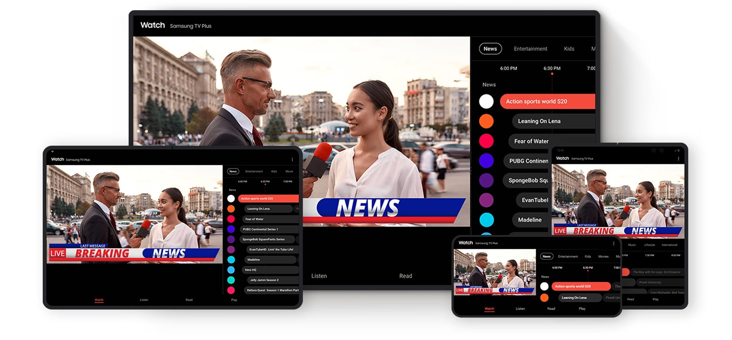 대형 TV가 맨 뒤에 보여지고, TV 화면에 뉴스가 켜져 있습니다. TV 하단에는 Galaxy 태블릿, Z Fold 2, Z Flip 기기가 Watch를 통해 재생되는 동일한 콘텐츠들이 화면에 보여집니다.