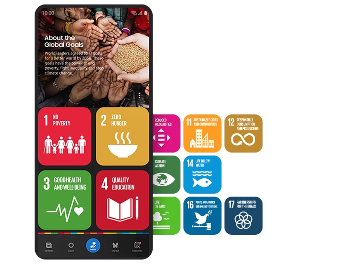 Samsung Global Goals 홈 화면에는 17개의 글로벌 목표 아이콘이 새겨진 다채로운 색상의 카드들이 있습니다. 사용자에게 지속가능발전목표에 대한 정보를 제공하고 있습니다.