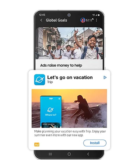 연출된 인앱 광고를 확대한 Samsung Global Goals 앱 인터페이스입니다.