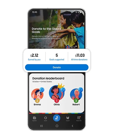 대시보드와 하단 내비게이션의 기부 아이콘을 확대한 Samsung Global Goals 앱 인터페이스입니다. 대시보드에는 사용자의 현재 잔액과 기부 내역이 표시됩니다. 아래 기부 순위표에는 월별, 지역별 상위 3명의 기부자가 표시됩니다.