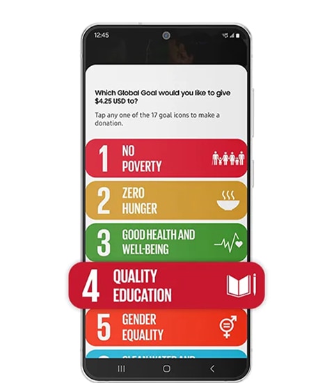 17개의 글로벌 목표 중 일부 목록이 표시된 Samsung Global Goals 인터페이스입니다.