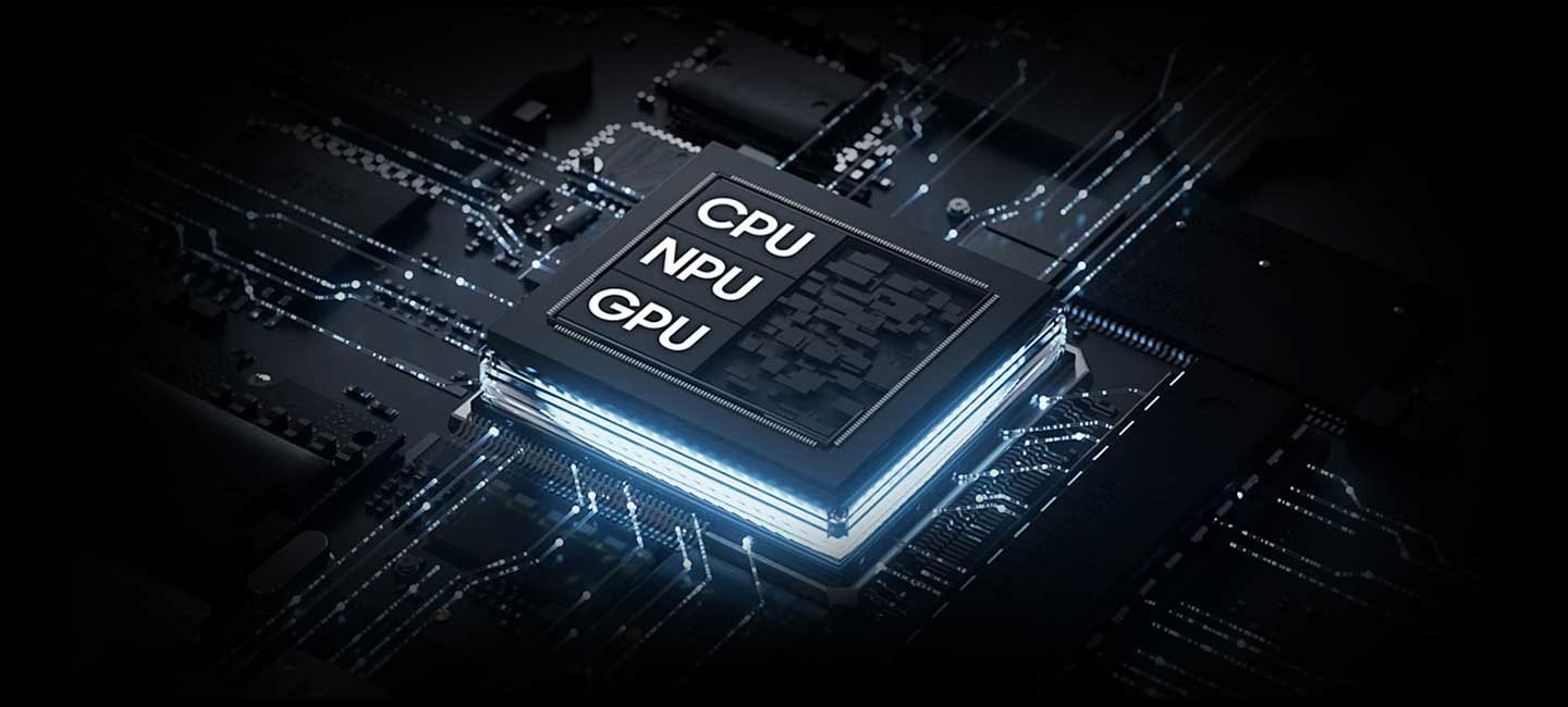 NPU, GPU, CPU라는 텍스트가 표시된 칩셋입니다.