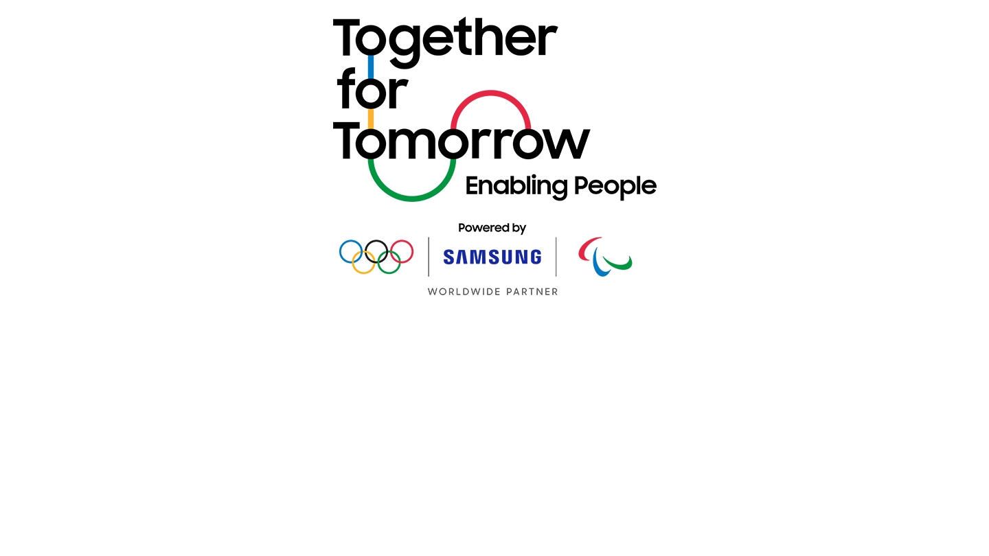 'Together for Tomorrow Enabling People'라는 텍스트가 검정색으로 표시되어 있고, 올림픽 링의 나머지 4가지 색상인 파랑, 노랑, 초록, 빨강으로 연결되어 있습니다. 아래에는 'Powered by'라는 텍스트와 함께 올림픽 링, 삼성 로고, 아지토스 로고가 표시됩니다. 그 아래에는 'WORLDWIDE PARTNER'라는 텍스트가 표시됩니다.