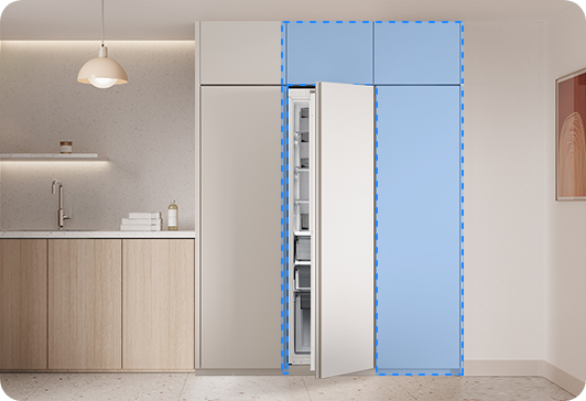 빌트인 냉장고 수납용 도어형 냉장고장을 설치한 이미지입니다. 수납장 안에는 삼성 1도어 빌트인 냉장고 제품이 있습니다.