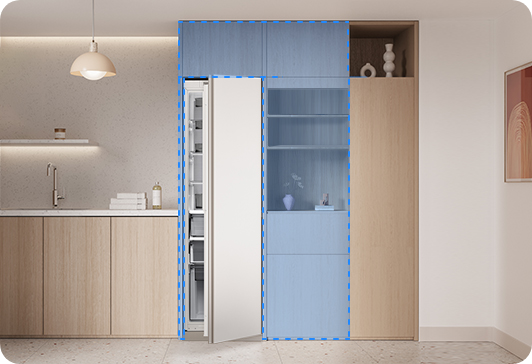 냉장고 수납용 도어형 냉장고장 및 우측에 홈바장을 설치한 이미지입니다. 수납장 안에는 삼성 1도어 빌트인 냉장고 제품이 있습니다.